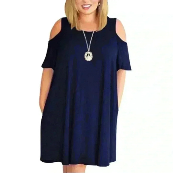 Kancy Store Navy Blue Cold Shoulder Medi Shift Dress Women Plus Size 4XL Leisure - Picture 1 of 15